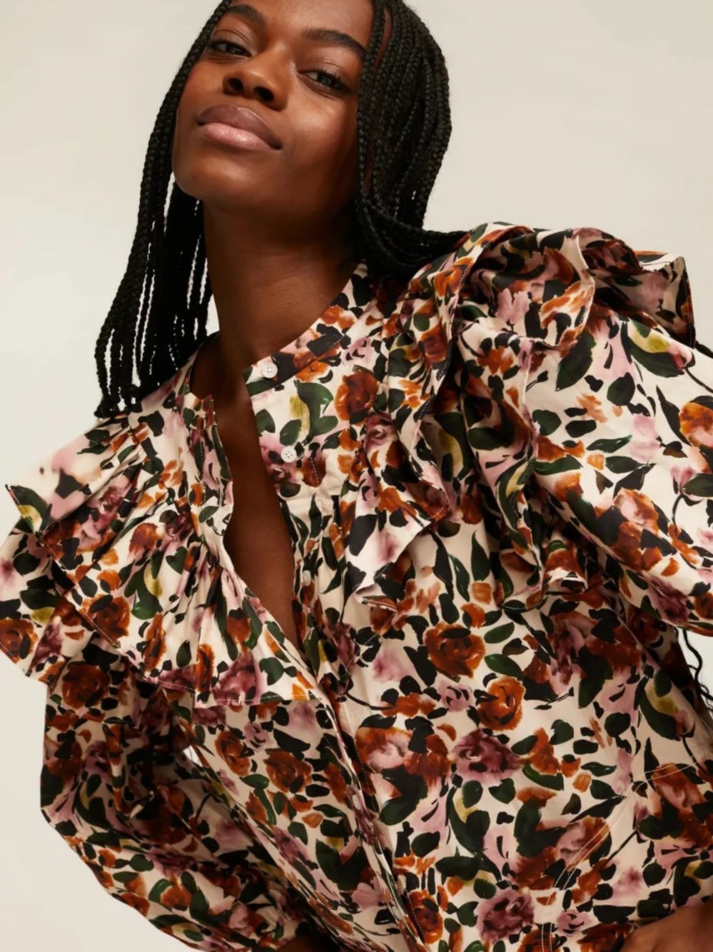 Something Navy Floral Ruffle Blouse in Pink & Brown